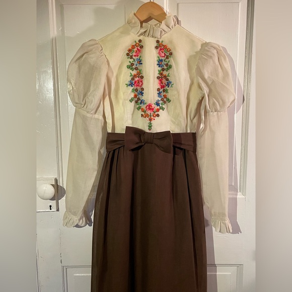 Vintage Dresses & Skirts - Vintage 70s prairie revival embroidered maxi dress, size XS-S range